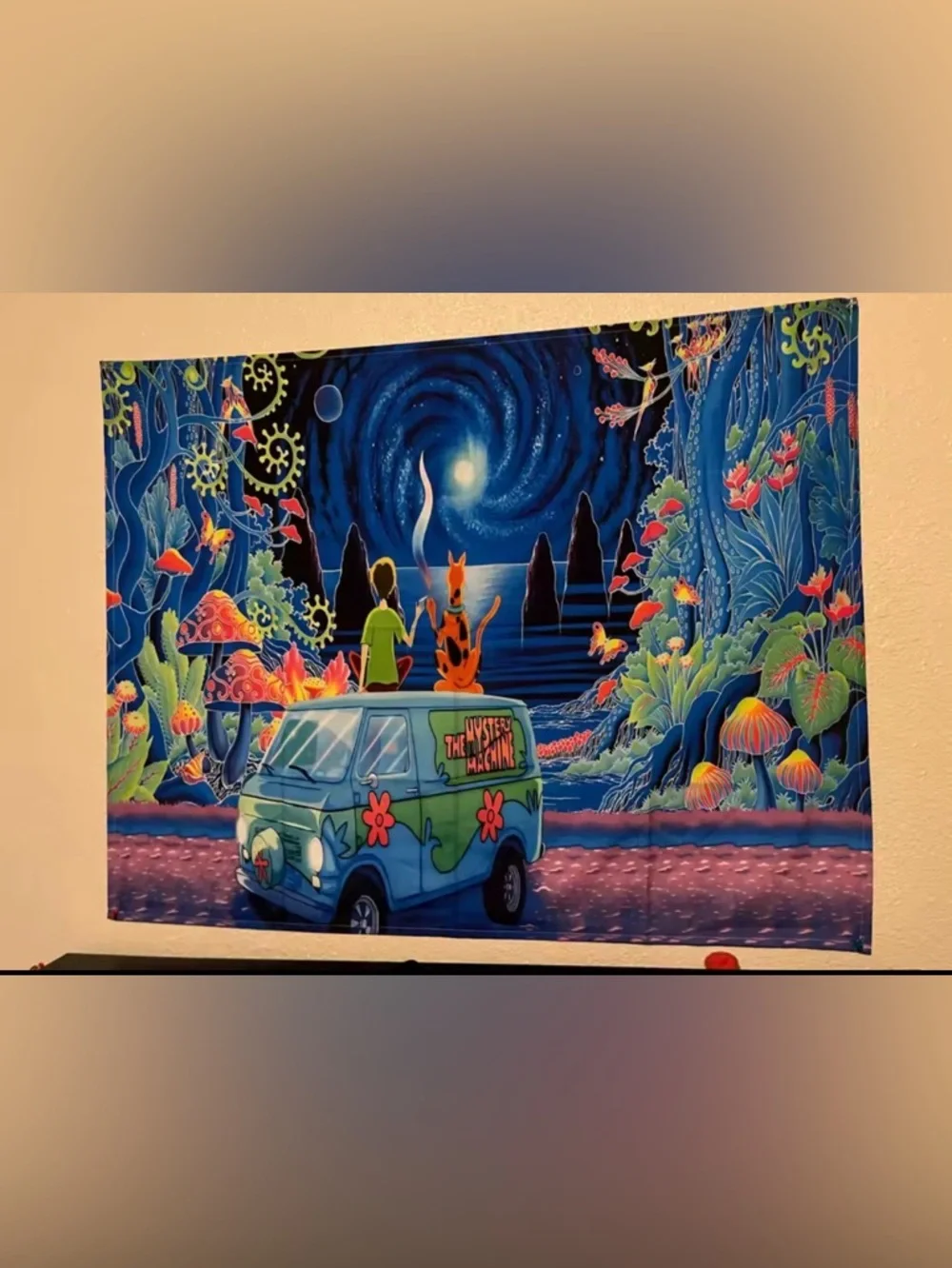 Vibrant Neon Scooby Doo & Mystery Machine Wall Tapestry (37x27)